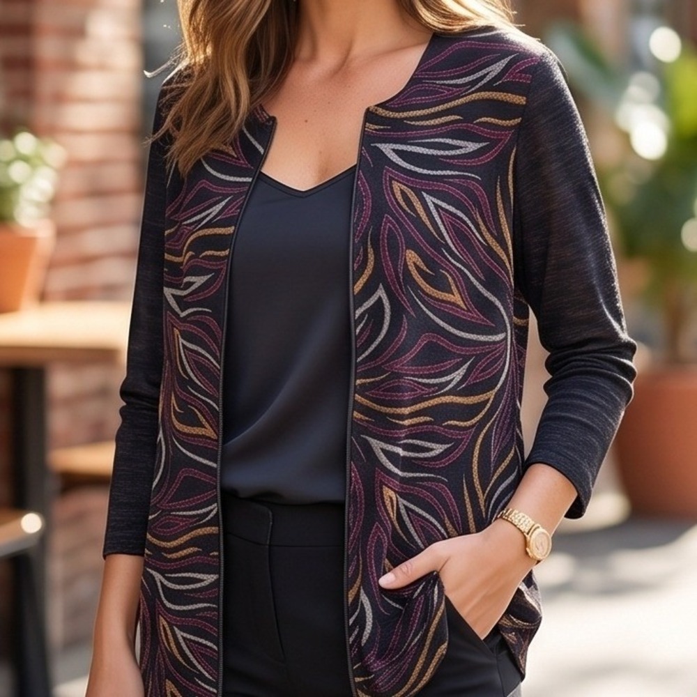 Slinky Brand M Cardigan Jacket Abstract Feather Print Black Purple Gold Zip‎